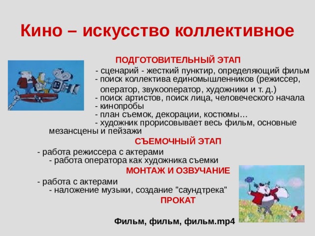 Кино – искусство коллективное      ПОДГОТОВИТЕЛЬНЫЙ ЭТАП   - сценарий - жесткий пунктир, определяющий фильм  - поиск коллектива единомышленников (режиссер,  оператор, звукооператор, художники и т. д.)  - поиск артистов, поиск лица, человеческого начала  - кинопробы  - план съемок, декорации, костюмы…  - художник прорисовывает весь фильм, основные мезансцены и пейзажи       СЪЕМОЧНЫЙ ЭТАП  - работа режиссера с актерами  - работа оператора как художника съемки       МОНТАЖ И ОЗВУЧАНИЕ  - работа с актерами  - наложение музыки, создание 