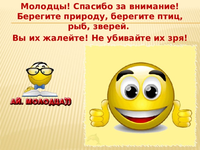 Молодцы! Спасибо за внимание! Берегите природу, берегите птиц, рыб, зверей. Вы их жалейте! Не убивайте их зря! 
