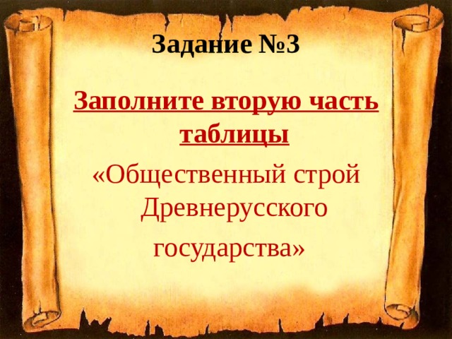 Задание №3 Заполните вторую часть таблицы «Общественный строй Древнерусского  государства» 
