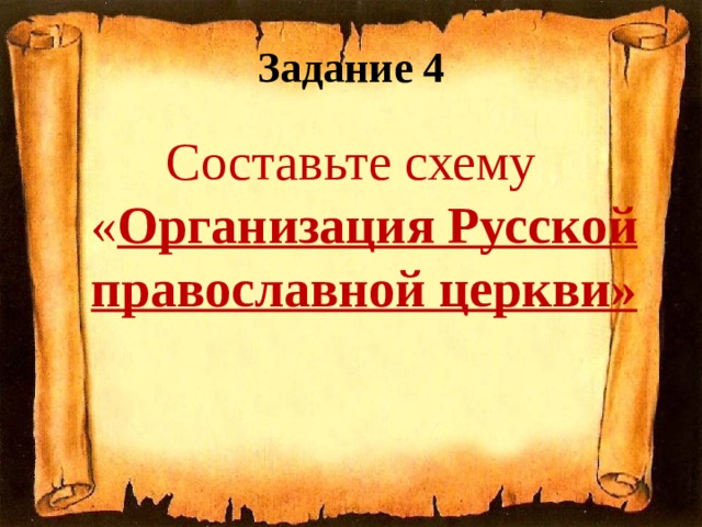 Задание 4 Составьте схему « Организация Русской православной церкви» 