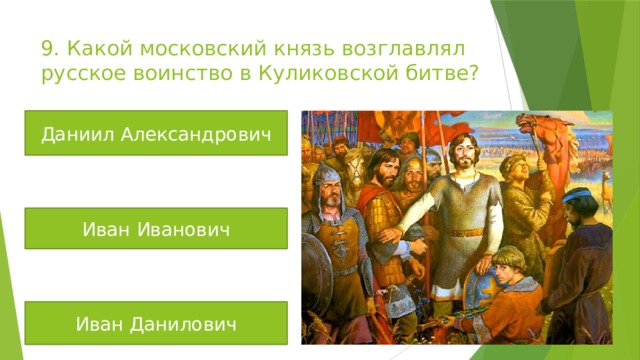 9. Какой московский князь возглавлял русское воинство в Куликовской битве? Даниил Александрович Иван Иванович Иван Данилович 