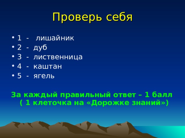 Вопросы: 1. Это растение похоже на накипь или корочку, растет на валунах и скалах. 2. У этого растения могучий ствол, огромная крона, красивые резные листовые пластины, а плодами любят лакомиться кабаны, белки, мыши. 3. Это таежное дерево имеет негниющую древесину, в отличие от своих хвойных сородичей полностью раздевается на зиму Высокое растение, достигает 35 метров в высоту. Долгожитель - живет до тысячи лет. Листовые пластинки продолговатые с зубчиками. Плоды человек употребляет в пищу. Это растение за год вырастает на толщину спички, похоже на миниатюрный кустарник, является пищей для северных оленей. 