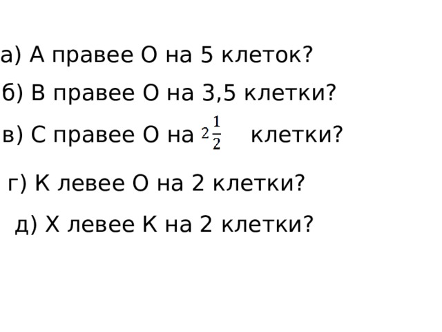 а) А правее О на 5 клеток? б) В правее О на 3,5 клетки? в) С правее О на клетки? г) К левее О на 2 клетки? д) Х левее К на 2 клетки? 