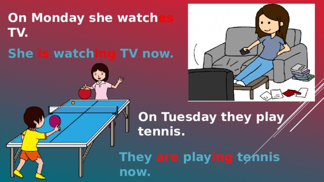 On Monday she watch es TV. She is watch ing TV now. On Tuesday they play tennis. They are play ing tennis now. 