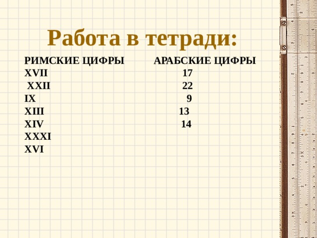Работа в тетради: РИМСКИЕ ЦИФРЫ АРАБСКИЕ ЦИФРЫ XVII 17  XXII 22 IX 9 XIII 13 XIV 14 XXXI XVI 