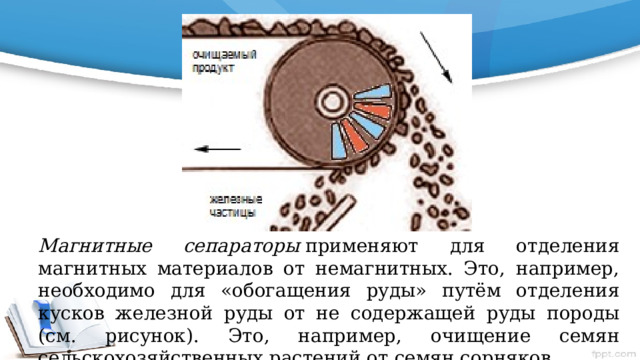 Магнитные сепараторы  применяют для отделения магнитных материалов от немагнитных. Это, например, необходимо для «обогащения руды» путём отделения кусков железной руды от не содержащей руды породы (см. рисунок). Это, например, очищение семян сельскохозяйственных растений от семян сорняков. 