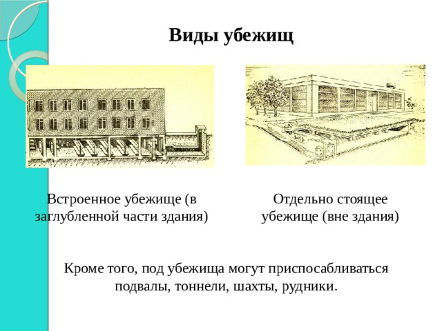 Виды убежищ Встроенное убежище (в заглубленной части здания) Отдельно стоящее убежище (вне здания) Кроме того, под убежища могут приспосабливаться подвалы, тоннели, шахты, рудники. 