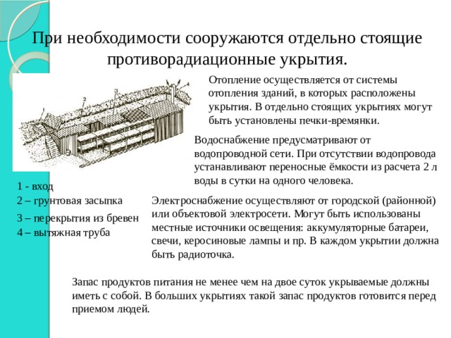 При необходимости сооружаются отдельно стоящие противорадиационные укрытия. Отопление осуществляется от системы отопления зданий, в которых расположены укрытия. В отдельно стоящих укрытиях могут быть установлены печки-времянки. Водоснабжение предусматривают от водопроводной сети. При отсутствии водопровода устанавливают переносные ёмкости из расчета 2 л воды в сутки на одного человека. 1 - вход 2 – грунтовая засыпка Электроснабжение осуществляют от городской (районной) или объектовой электросети. Могут быть использованы местные источники освещения: аккумуляторные батареи, свечи, керосиновые лампы и пр. В каждом укрытии должна быть радиоточка. 3 – перекрытия из бревен 4 – вытяжная труба Запас продуктов питания не менее чем на двое суток укрываемые должны иметь с собой. В больших укрытиях такой запас продуктов готовится перед приемом людей. 