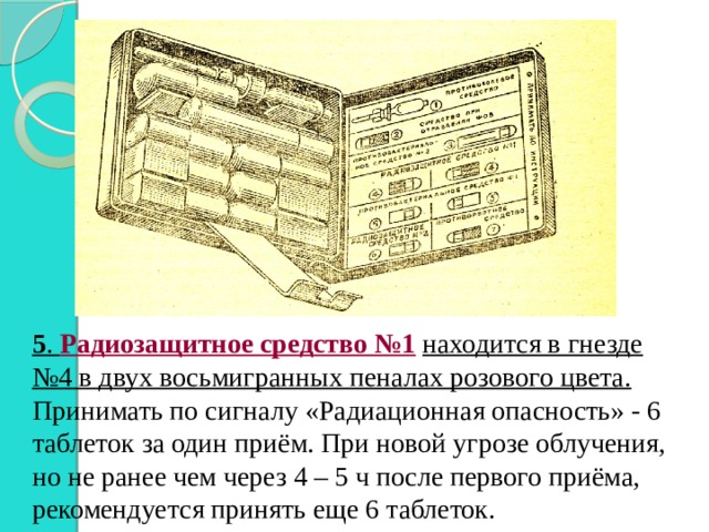 5 . Радиозащитное средство №1  находится в гнезде №4 в двух восьмигранных пеналах розового цвета. Принимать по сигналу «Радиационная опасность» - 6 таблеток за один приём. При новой угрозе облучения, но не ранее чем через 4 – 5 ч после первого приёма, рекомендуется принять еще 6 таблеток. 