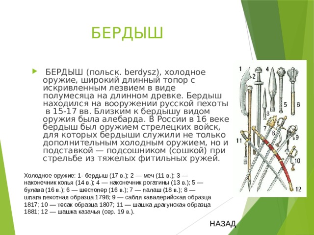 БЕРДЫШ  БЕРДЫШ (польск. berdysz), холодное оружие, широкий длинный топор с искривленным лезвием в виде полумесяца на длинном древке. Бердыш находился на вооружении русской пехоты в 15-17 вв. Близким к бердышу видом оружия была алебарда. В России в 16 веке бердыш был оружием стрелецких войск, для которых бердыши служили не только дополнительным холодным оружием, но и подставкой — подсошником (сошкой) при стрельбе из тяжелых фитильных ружей. Холодное оружие: 1- бердыш (17 в.); 2 — меч (11 в.); 3 — наконечник копья (14 в.); 4 — наконечник рогатины (13 в.); 5 — булава (16 в.); 6 — шестопер (16 в.); 7 — палаш (18 в.); 8 — шпага пехотная образца 1798; 9 — сабля кавалерийская образца 1817; 10 — тесак образца 1807; 11 — шашка драгунская образца 1881; 12 — шашка казачья (сер. 19 в.). НАЗАД 
