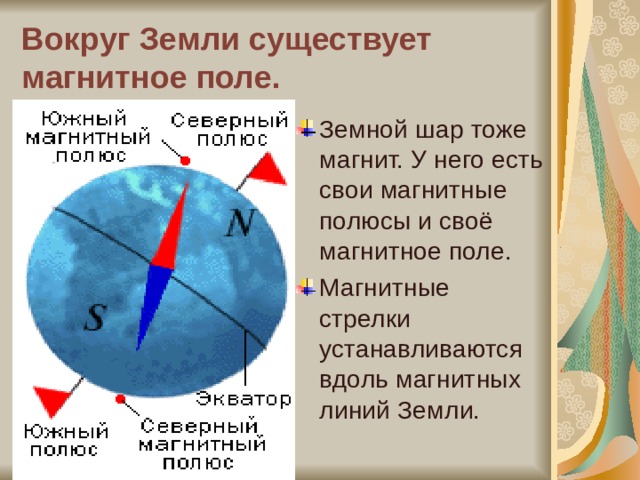 Вокруг Земли существует магнитное поле. Земной шар тоже магнит. У него есть свои магнитные полюсы и своё магнитное поле. Магнитные стрелки устанавливаются вдоль магнитных линий Земли. 