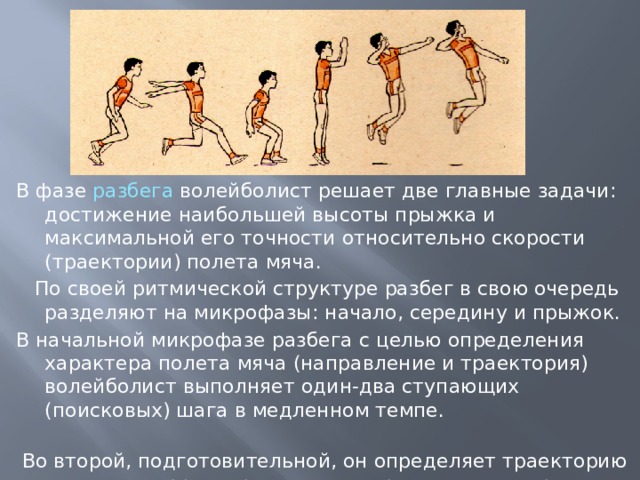 В фазе разбега волейболист решает две главные задачи: достижение наибольшей высоты прыжка и максимальной его точности относительно скорости (траектории) полета мяча.  По своей ритмической структуре разбег в свою очередь разделяют на микрофазы: начало, середину и прыжок. В начальной микрофазе разбега с целью определения характера полета мяча (направление и траектория) волейболист выполняет один-два ступающих (поисковых) шага в медленном темпе.  Во второй, подготовительной, он определяет траекторию полета и корректирует свое направление и скорость разбега. 