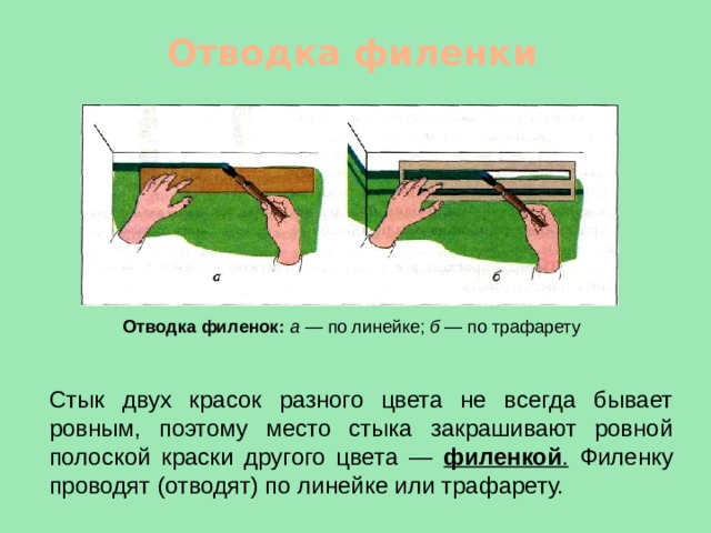 Отводка филенки Отводка филенок:  а — по линейке; б — по трафарету Стык двух красок разного цвета не всегда бывает ровным, поэтому место стыка закрашивают ровной полоской краски другого цвета — филенкой . Филенку проводят (отводят) по линейке или трафарету. 