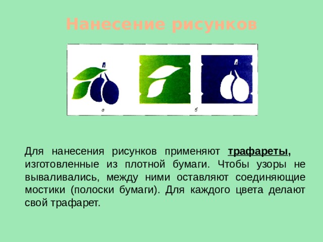 Нанесение рисунков Для нанесения рисунков применяют трафареты , изготовленные из плотной бумаги. Чтобы узоры не вываливались, между ними оставляют соединяющие мостики (полоски бумаги). Для каждого цвета делают свой трафарет. 