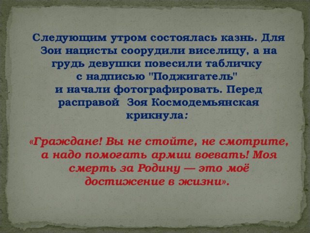 Следующим утром состоялась казнь. Для Зои нацисты соорудили виселицу, а на грудь девушки повесили табличку с надписью 
