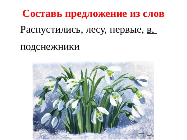 Составь предложение из слов Распустились, лесу, первые, в, подснежники . 