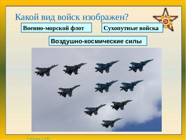 Какой вид войск изображен? Сухопутные войска Военно-морской флот Воздушно-космические силы 