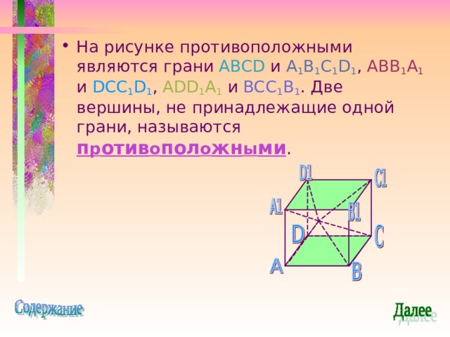 На рисунке противоположными являются грани ABCD и A 1 B 1 C 1 D 1 , ABB 1 A 1  и DCC 1 D 1 , ADD 1 A 1  и BCC 1 B 1 . Две вершины, не принадлежащие одной грани, называются п р отив о пол о жн ы ми . 