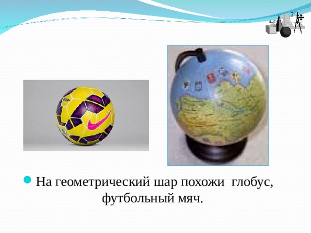 На геометрический шар похожи глобус, футбольный мяч.  