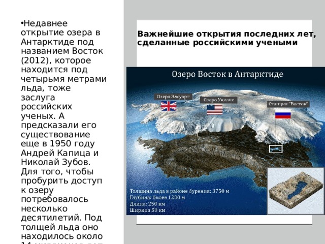 Недавнее открытие озера в Антарктиде под названием Восток (2012), которое находится под четырьмя метрами льда, тоже заслуга российских ученых. А предсказали его существование еще в 1950 году Андрей Капица и Николай Зубов. Для того, чтобы пробурить доступ к озеру потребовалось несколько десятилетий. Под толщей льда оно находилось около 14 миллионов лет и вполне могло сохранить живые организмы. Важнейшие открытия последних лет, сделанные российскими учеными 