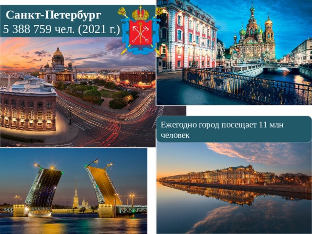   Санкт-Петербург 5 388 759 чел. (2021 г.) Ежегодно город посещает 11 млн человек 