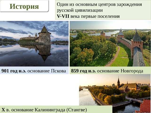 История Один из основным центров зарождения русской цивилизации V-VII века первые поселения 859 год н.э. основание Новгорода 901 год н.э. основание Пскова X в.  основание Калининграда (Стангве) 