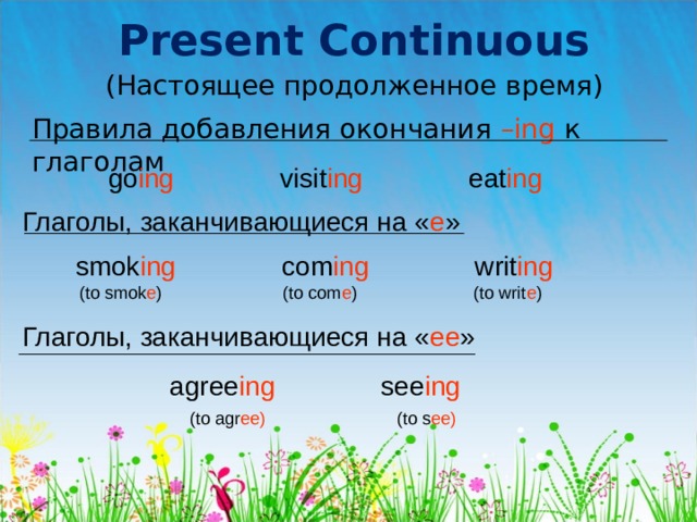 Present Continuous (Настоящее продолженное время) Правила добавления окончания – ing  к глаголам go ing visit ing eat ing Глаголы, заканчивающиеся на « е » smok ing com ing writ ing  (to smok e ) (to com e ) (to writ e ) Глаголы, заканчивающиеся на « е e »  agree ing see ing   (to agr ee) (to s ee) 