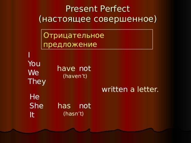 Present Perfect  ( настоящее совершенное ) Отрицательное предложение I You We They have not (haven’t) written a letter. He She It has not (hasn’t) 