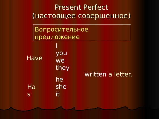 Present Perfect  ( настоящее совершенное ) Вопросительное предложение I you we they Have written a letter. he she it Has 