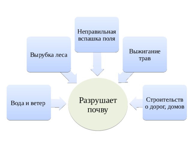 Неправильная вспашка поля Вырубка леса Выжигание трав Разрушает почву Вода и ветер Строительство дорог, домов 
