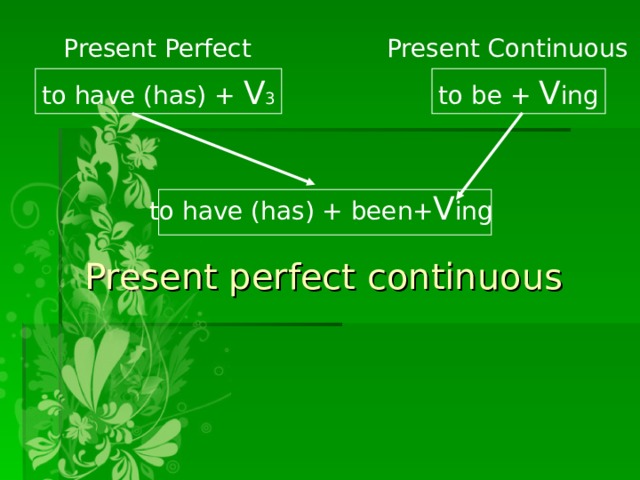 Present Continuous Present Perfect to be + V ing to have (has) + V 3 + V ing to have (has) + been Present perfect  continuous 