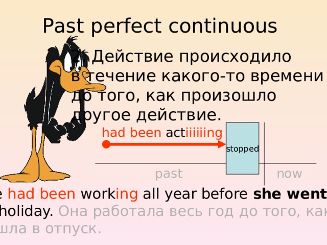 Past perfect continuous 2. Действие происходило в течение какого-то времени до того, как произошло другое действие. stopped had been act iiiiiing now past She had been work ing all year before she went on holiday. Она работала весь год до того, как вышла в отпуск. 