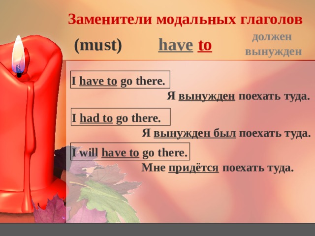 Заменители модальных глаголов должен вынужден have  to (must) I have to go there. Я вынужден поехать туда. I had to go there. Я вынужден  был поехать туда. I will have to go there. Мне придётся поехать туда. 