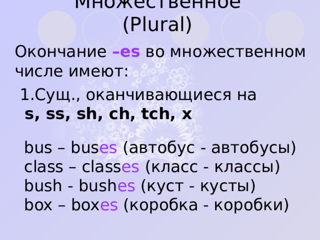 Множественное ( Plural ) Окончание –es  во множественном числе имеют: Сущ., оканчивающиеся на  s, ss, sh, ch, tch, x bus – bus es ( автобус  -  автобусы ) class – class es ( класс  -  классы ) bush - bush es ( куст  -  кусты ) box – box es ( коробка  -  коробки ) 
