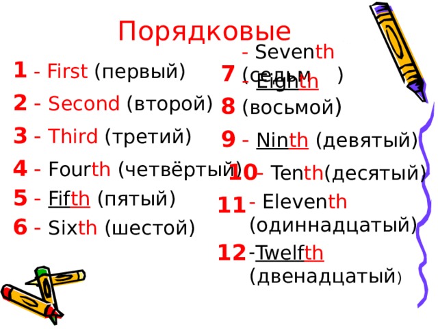 Порядковые 1 - First ( первый ) - Seven th ( седьм ой ) 7 - Second ( второй ) 2 8 - Eigh th  ( восьмой ) - Third ( третий ) 3 9 - Nin th  ( девятый ) - Four th ( четвёртый ) 4 - Ten th ( десятый ) 10 - Fif th  ( пятый ) 5 - Eleven th  (одиннадцатый) 11 6 - Six th ( шестой ) 12 Twelf th   ( двенадцатый ) 