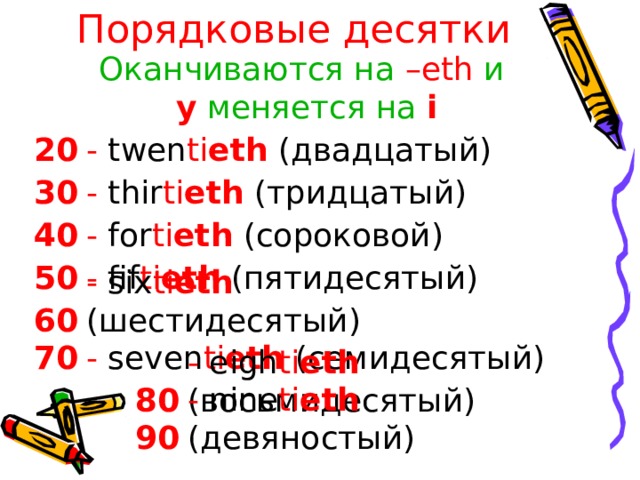 Порядковые десятки Оканчиваются на  –eth и   y  меняется на  i - twen ti eth  ( двадцатый ) 20 - thir ti eth  ( тридцатый ) 30 - for ti eth  ( сороковой ) 40 50 - fif ti eth  (пятидесятый ) - six ti eth  ( шестидесятый ) 60 - seven ti eth  ( семидесятый ) 70 - eigh ti eth  ( восьмидесятый ) 80 - nine ti eth  ( девяностый ) 90 