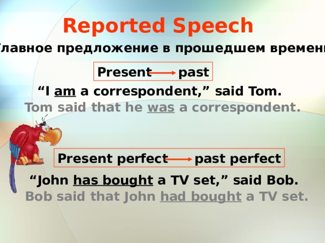 Reported Speech Главное предложение в прошедшем времени Present past “ I am a correspondent,” said Tom . Tom said that he was a correspondent . Present perfect past perfect “ John has bought a TV set,” said Bob . Bob said that John had bought a TV set . 