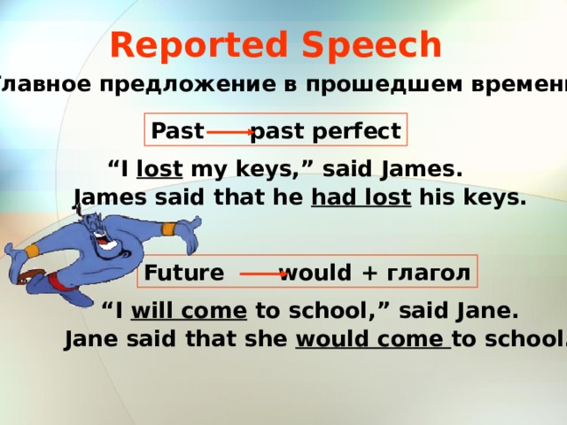 Reported Speech Главное предложение в прошедшем времени Past past perfect “ I lost my keys,” said James . James said that he  ha d lost his keys.  Future  would + глагол “ I will come to school,” said Jane . Ja ne  said that she would come to school .  
