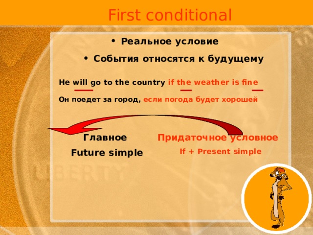 First conditional Реальное условие События относятся к будущему He will go to the country  if the weather is fine  Он поедет за город,  если погода будет хорошей Главное Придаточное условное Future simple If + Present simple 