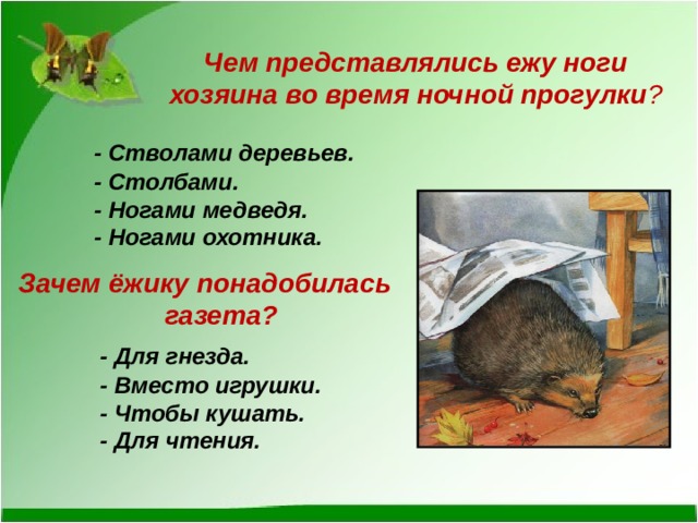 Чем представлялись ежу ноги хозяина во время ночной прогулки ? - Стволами деревьев.  - Столбами. - Ногами медведя. - Ногами охотника.   Зачем ёжику понадобилась газета? - Для гнезда. - Вместо игрушки. - Чтобы кушать. - Для чтения.   