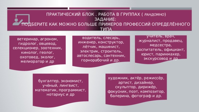 Практический блок . Работа в группах ( рандомно )  Задание:  Подберите как можно больше примеров профессий определённого типа учитель, врач, журналист, продавец, медсестра, воспитатель, официант, юрист, парикмахер, экскурсовод и др ветеринар, агроном, гидролог, овцевод, селекционер, зоотехник, кинолог, геолог, охотовед, эколог, мелиоратор и др водитель, слесарь, инженер, конструктор, лётчик, машинист, электрик, строитель, автослесарь, сантехник, горнорабочий и др. бухгалтер, экономист, учёный, лингвист, математик, программист, нотариус и др художник, актёр, режиссёр, артист, дизайнер, скульптор, дирижёр, фокусник, поэт, композитор, балерина, фотограф и др.  