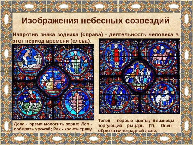Изображения небесных созвездий Напротив знака зодиака (справа) - деятельность человека в этот период времени (слева). Телец - первые цветы; Близнецы - торгующий рыцарь (?); Овен - обрезка виноградной лозы. Дева - время молотить зерно; Лев - собирать урожай; Рак - косить траву 