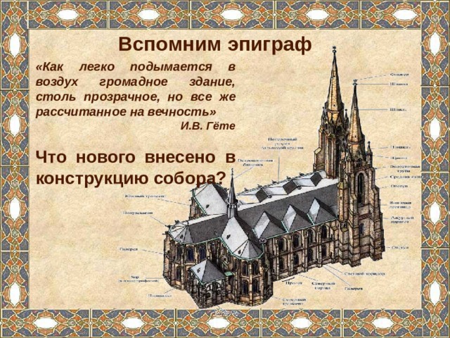 Вспомним эпиграф «Как легко подымается в воздух громадное здание, столь прозрачное, но все же рассчитанное на вечность» И.В. Гёте  Что нового внесено в конструкцию собора?  