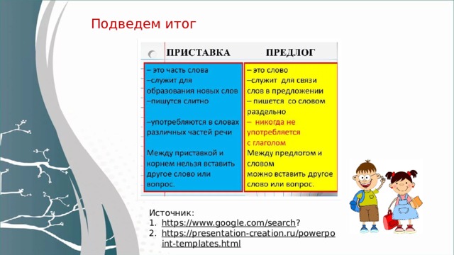 Подведем итог Подведем итог. Как отличить приставку и предлог? Чтобы доказать, что предлоги пишутся со словами раздельно, надо между предлогом и словом вставить другое слово. Источник: https://www.google.com/search ? https://presentation-creation.ru/powerpoint-templates.html   