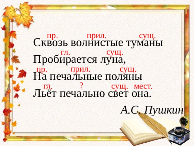 сущ. прил. пр. Сквозь волнистые туманы Пробирается луна, На печальные поляны Льёт печально свет она. А.С. Пушкин сущ. гл. прил. сущ. пр. ? сущ. гл. мест. 
