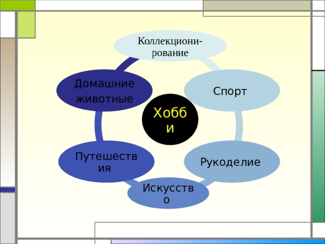 Коллекциони-рование Спорт Домашние животные Хобби Рукоделие Путешествия Искусство 