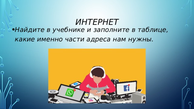 интернет Найдите в учебнике и заполните в таблице, какие именно части адреса нам нужны. 