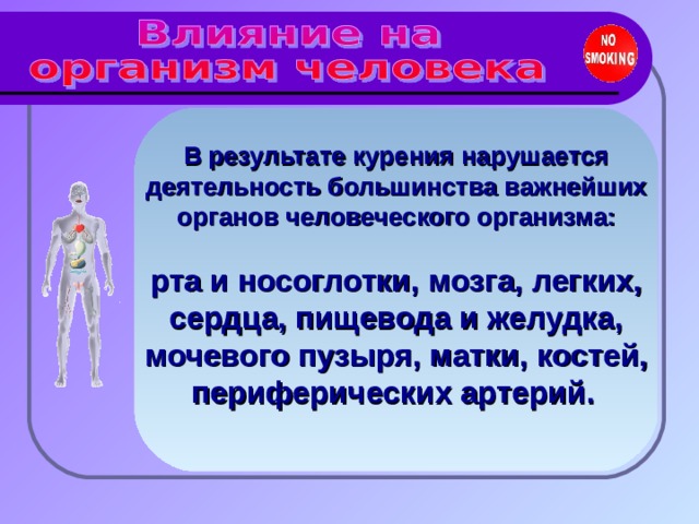 В результате курения нарушается деятельность большинства важнейших органов человеческого организма:  рта и носоглотки, мозга, легких, сердца, пищевода и желудка, мочевого пузыря, матки, костей, периферических артерий.  