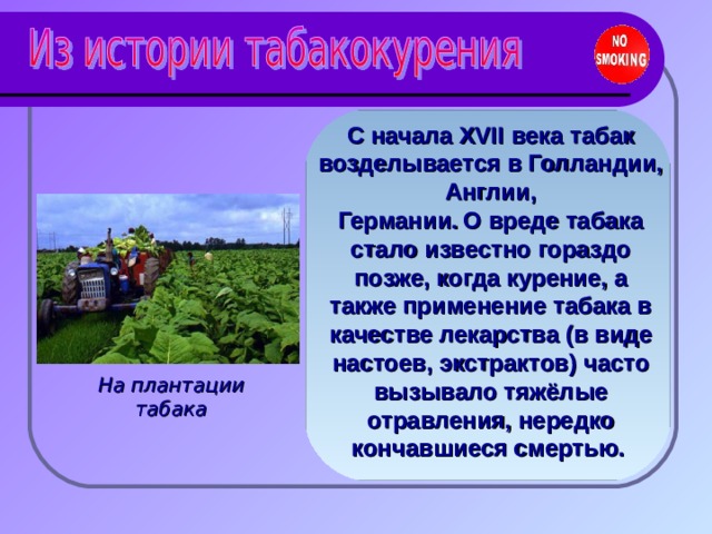 С начала XVII века табак возделывается в Голландии, Англии, Германии.  О вреде табака стало известно гораздо позже, когда курение, а также применение табака в качестве лекарства (в виде настоев, экстрактов) часто вызывало тяжёлые отравления, нередко кончавшиеся смертью.  На плантации табака 
