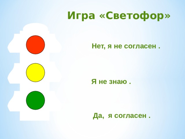  Игра «Светофор» Нет, я не согласен . Я не знаю . Да, я согласен .  